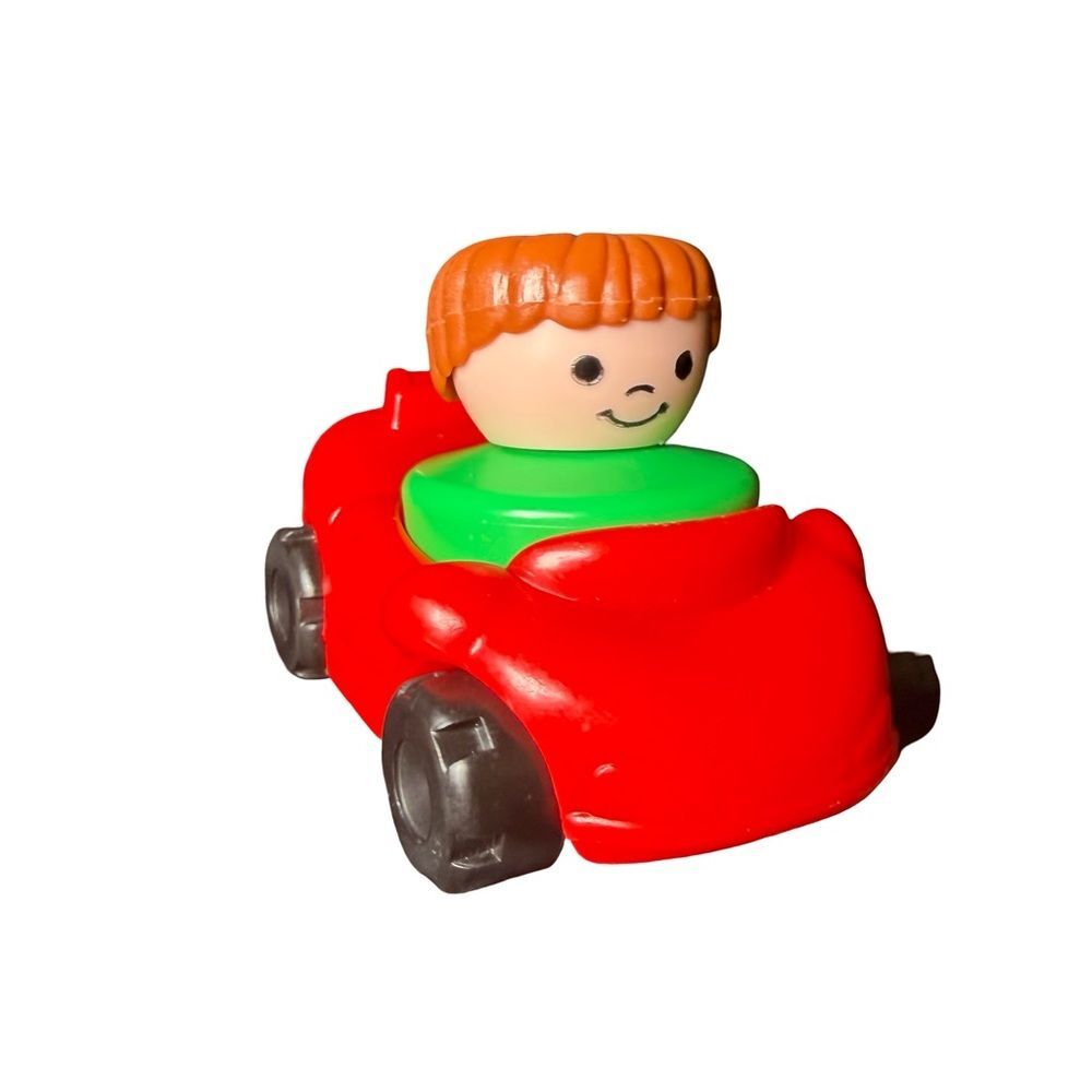 Vtg Fisher Price Little People Chunky 1990s Red Car w/ Green Boy Figure